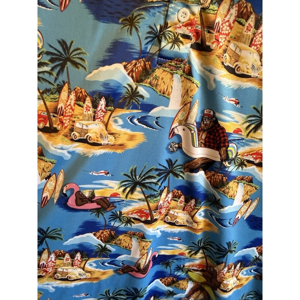 Sasquatch Bigfoot Hawaiian Polo Shirt Surf Beach Tropical Aloha Blue Men's 2XL
